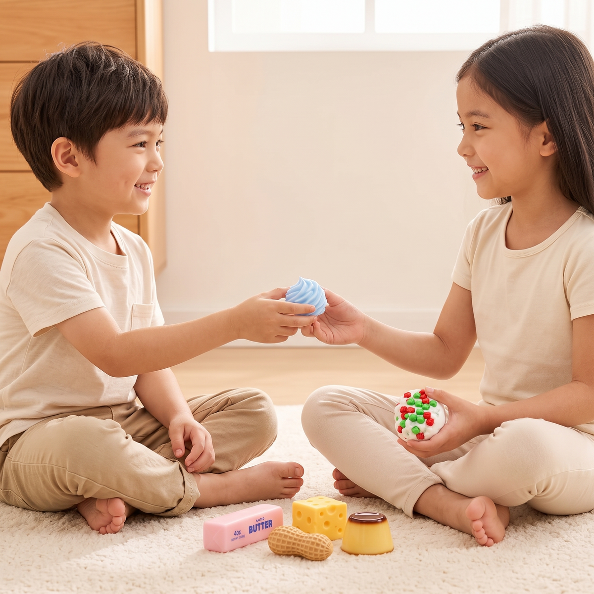 Two kids trading Squishlab squishies on the rug