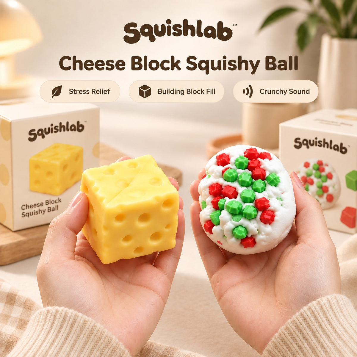 Squishlab Cheese Block Squishy Ball with crunchy building block fill