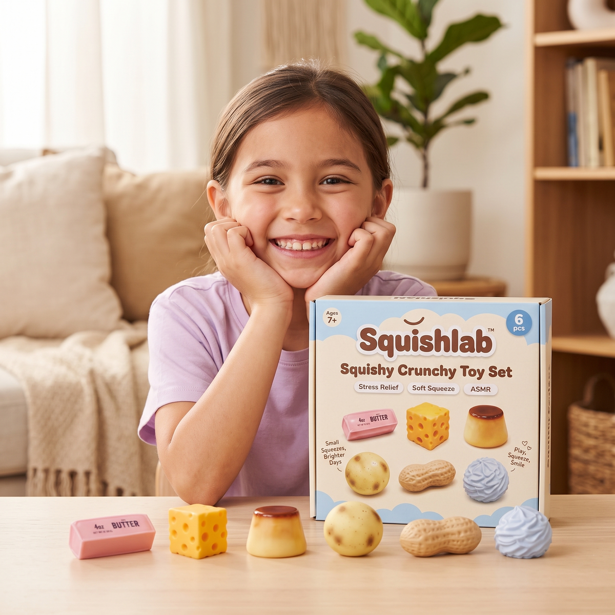 A smiling girl with the Squishlab box and its six squishies
