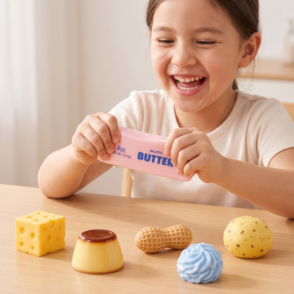 A girl laughing while squeezing the Squishlab butter squishy