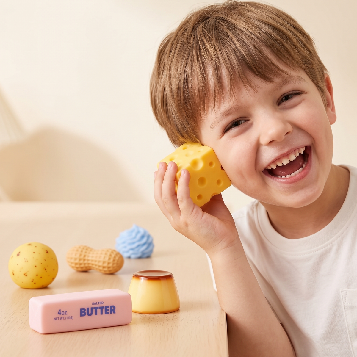 A boy listening to the crunch of the Squishlab cheese squishy
