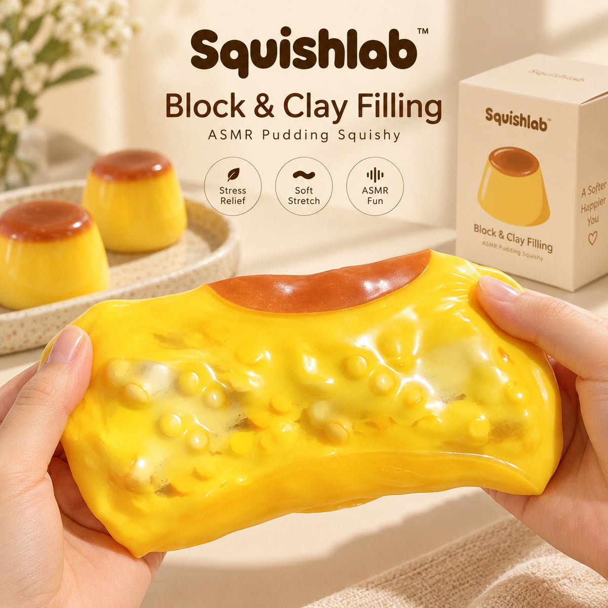 Squishlab Block and Clay Filling pudding squishy being stretched