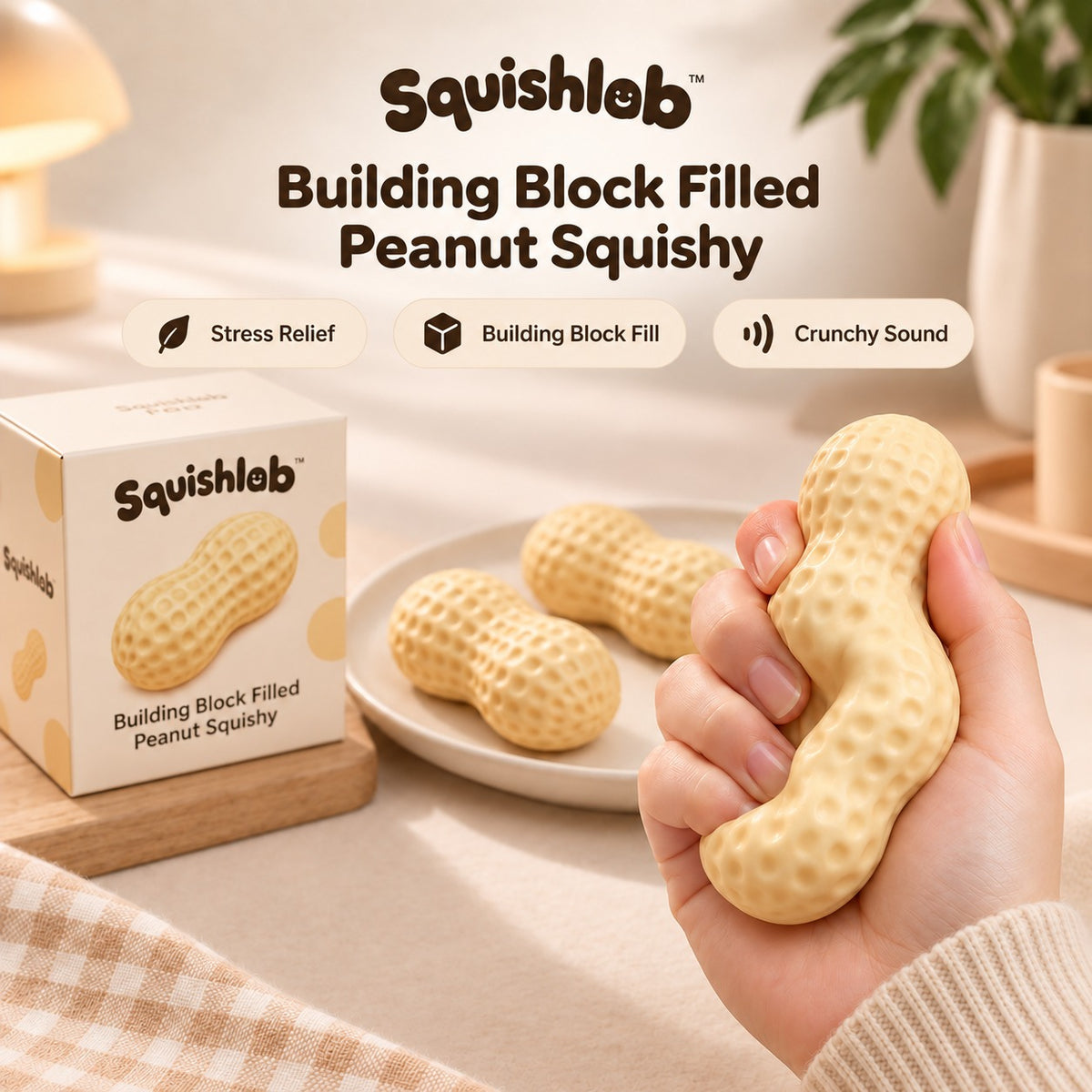 Squishlab Building Block Filled Peanut Squishy squeezed in hand