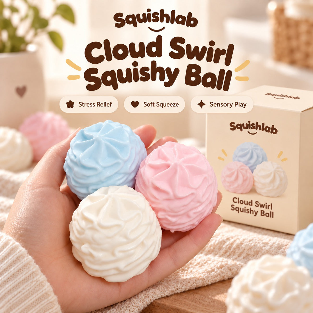 Squishlab Cloud Swirl Squishy Balls in pastel blue, pink and cream